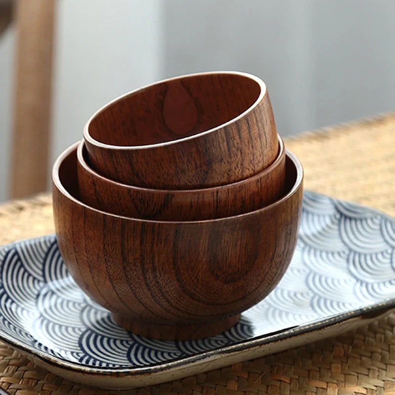 Handmade Japanese style wooden bowls in three sizes for rice, soup, and salad