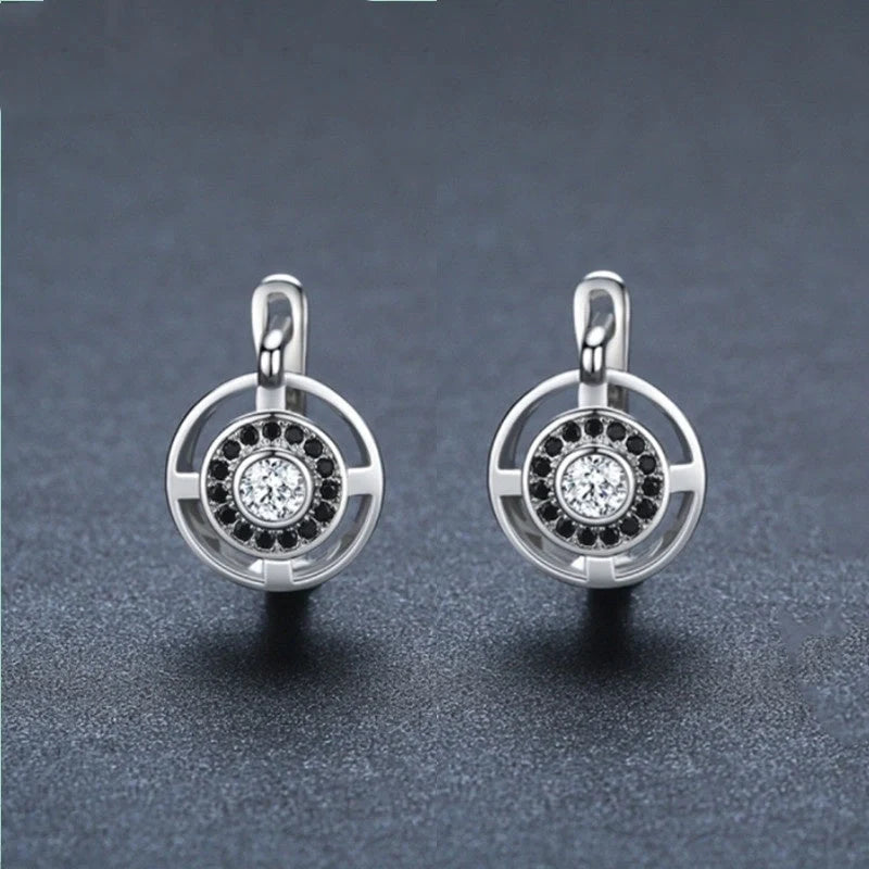 Black round zircon-studded copper earrings for women with secure fastening
