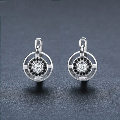 Black round zircon-studded copper earrings for women with secure fastening