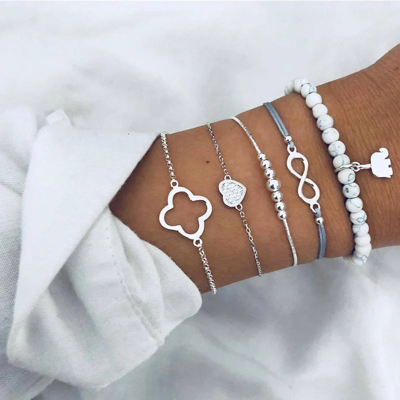 Bead Chain Bracelet Set featuring star and moon design in alloy material