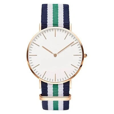 Nylon strap watch with round dial and quartz movement available in ten colours
