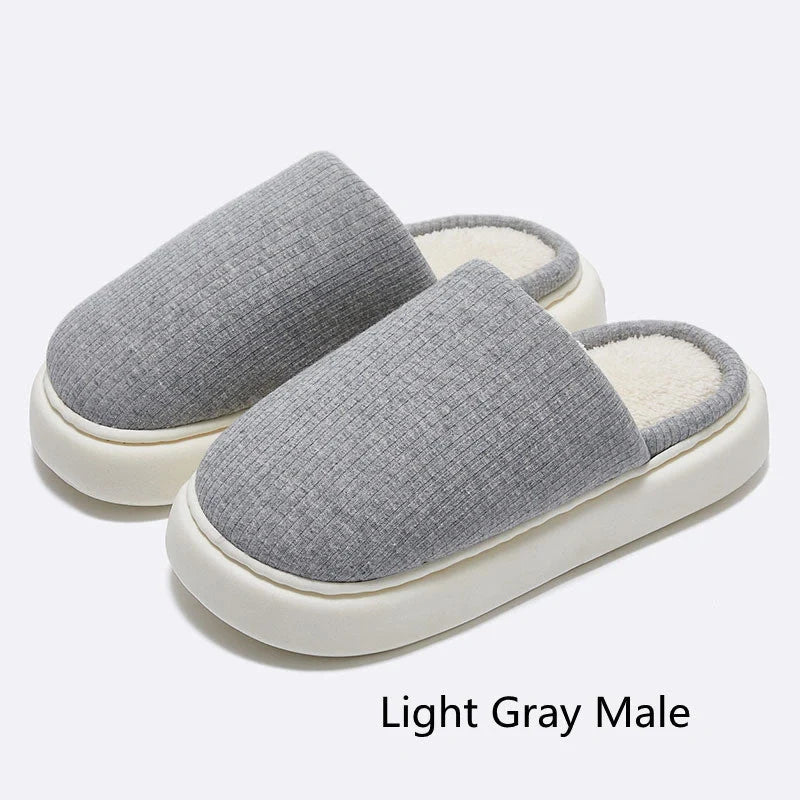 Cosy knitted fabric slippers in various colours and sizes, designed for couples to enjoy comfortable indoor relaxation.