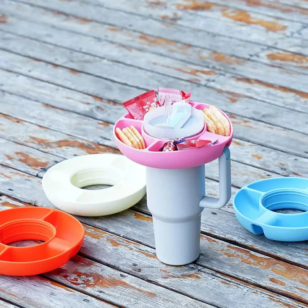 Silicone snack tray with four compartments designed to fit 40 oz tumblers, available in various colors