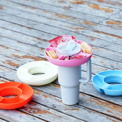 Silicone snack tray with four compartments designed to fit 40 oz tumblers, available in various colors
