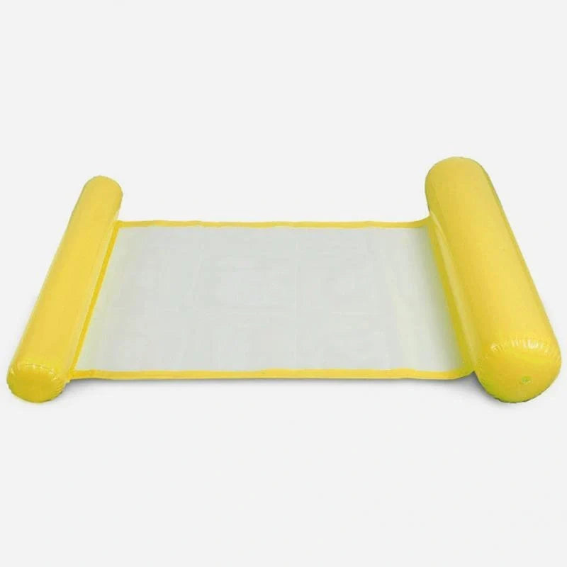 Inflatable water lounge chair in blue, floating in pool with hammock-style design