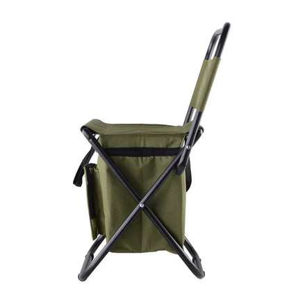 Portable foldable fishing chair with built-in refrigerator for keeping drinks and snacks chilled during outdoor activities