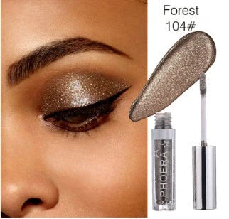 PHOERA Glitter & Glow Liquid Eyeshadow set showcasing 12 vibrant colours with 3D metallic effects