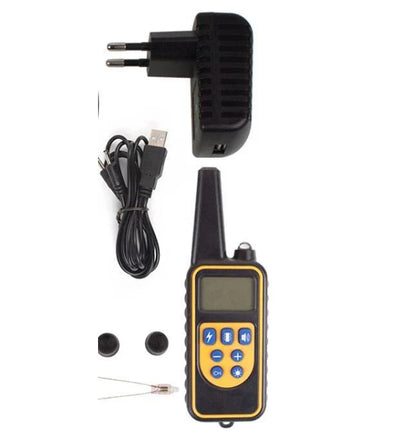 Remote-controlled anti-bark dog training collar with adjustable settings and 800-yard range