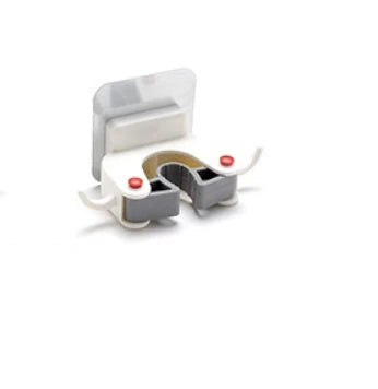 Adhesive wall-mounted mop and broom holder with double hooks for storing cleaning tools, available in multiple colors.