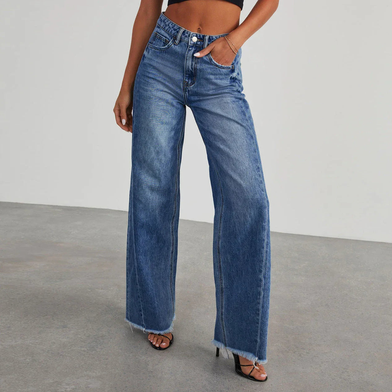 High-rise jeans with pockets, comfortable slim-fit straight leg pants for women in various colors