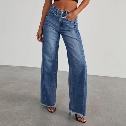 High-rise jeans with pockets, comfortable slim-fit straight leg pants for women in various colors