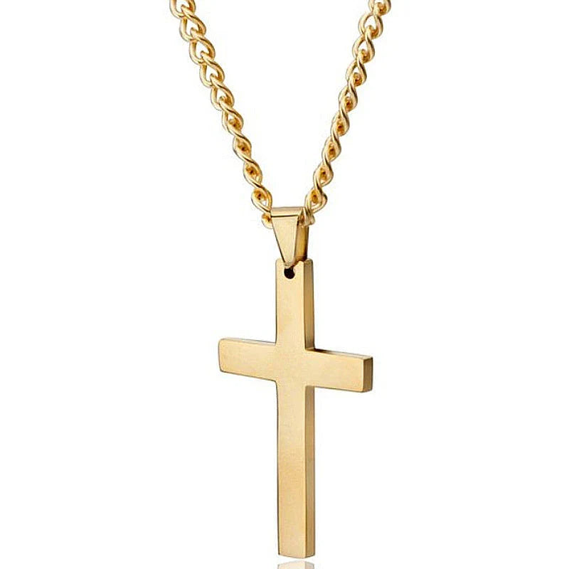 Stainless steel cross pendant necklace in black, silver, and gold colours, showcasing a classic and elegant design
