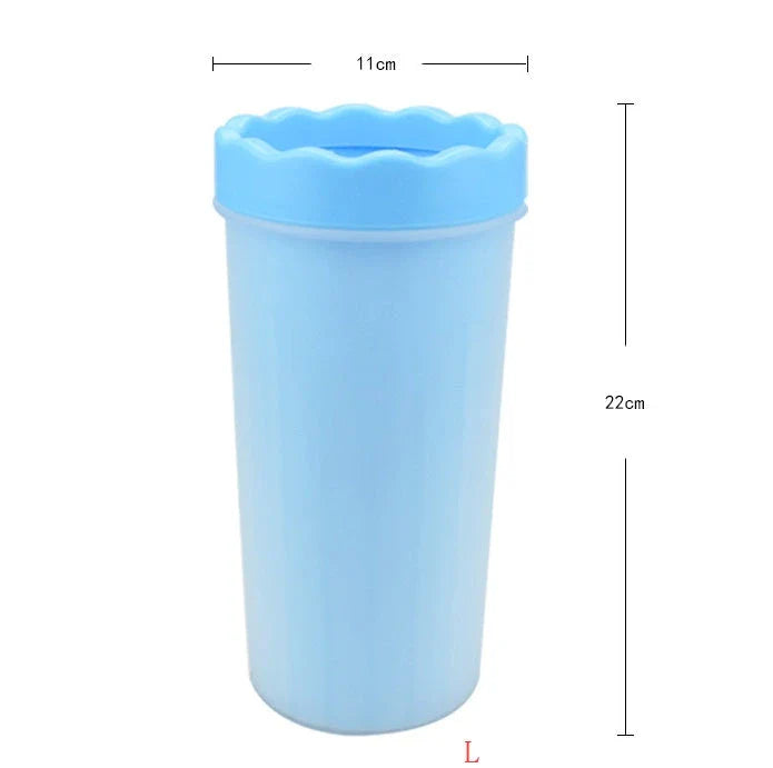 Silicone Dog Paw Washer Cup in various colors and sizes, featuring soft bristles for gentle cleaning.