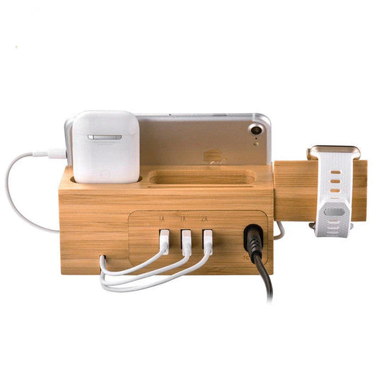 Bamboo charging station for organizing and charging Apple devices like iPhone, Apple Watch, and AirPods