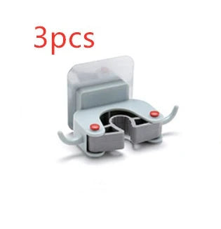 Adhesive wall-mounted mop and broom holder with double hooks for storing cleaning tools, available in multiple colors.