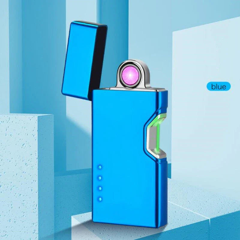USB rechargeable rotating lighter with metal construction, lacquered finish, and windproof design for safe, eco-friendly ignition