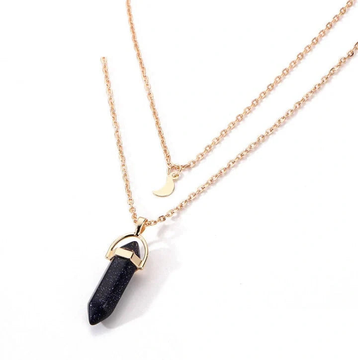 Elegant hexagonal natural stone necklace with double moon pendant in various colours