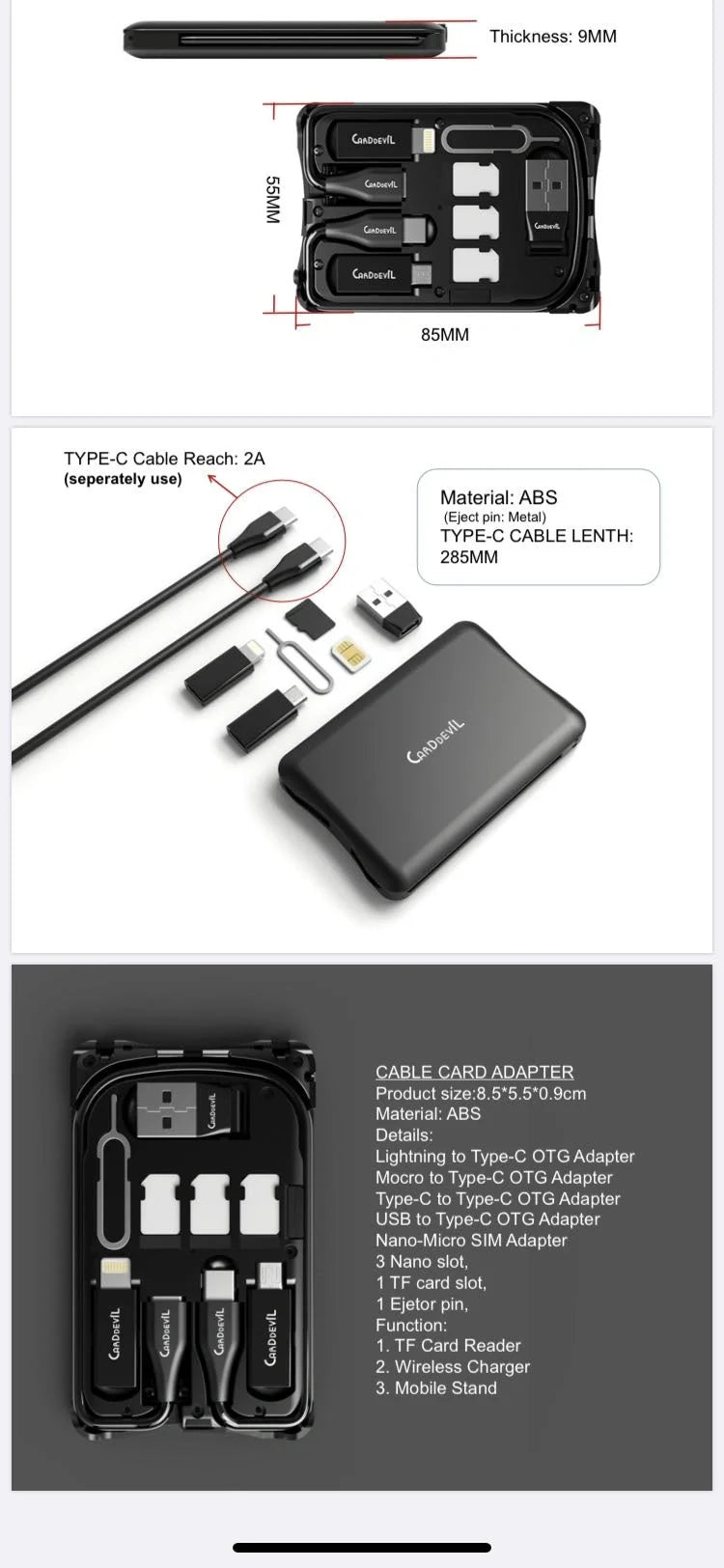 Multifunctional Travel Survival Card All-in-One Data Cable in black, compact and lightweight design