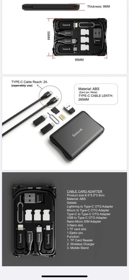Multifunctional Travel Survival Card All-in-One Data Cable in black, compact and lightweight design
