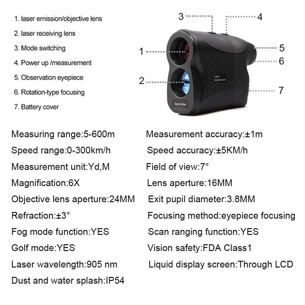Precision laser rangefinder with 600-meter range and 1mm accuracy for outdoor activities like golfing, hunting, and exploration