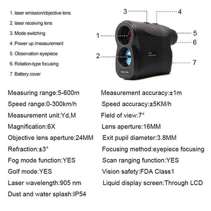 Precision laser rangefinder with 600-meter range and 1mm accuracy for outdoor activities like golfing, hunting, and exploration