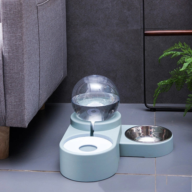 Automatic non-electric pet water dispenser with bowl, 1.8L capacity, available in grey, blue, and pink