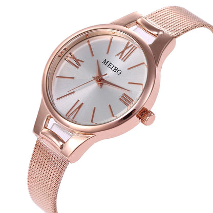 Elegant rose gold stainless steel mesh watch for women with precise quartz movement