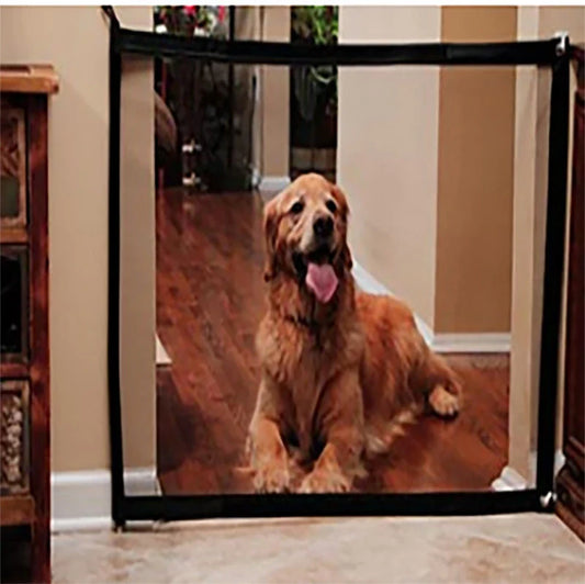 Versatile foldable pet safety barrier made of durable mesh fabric and stainless steel for use in doorways, walls, and stairs