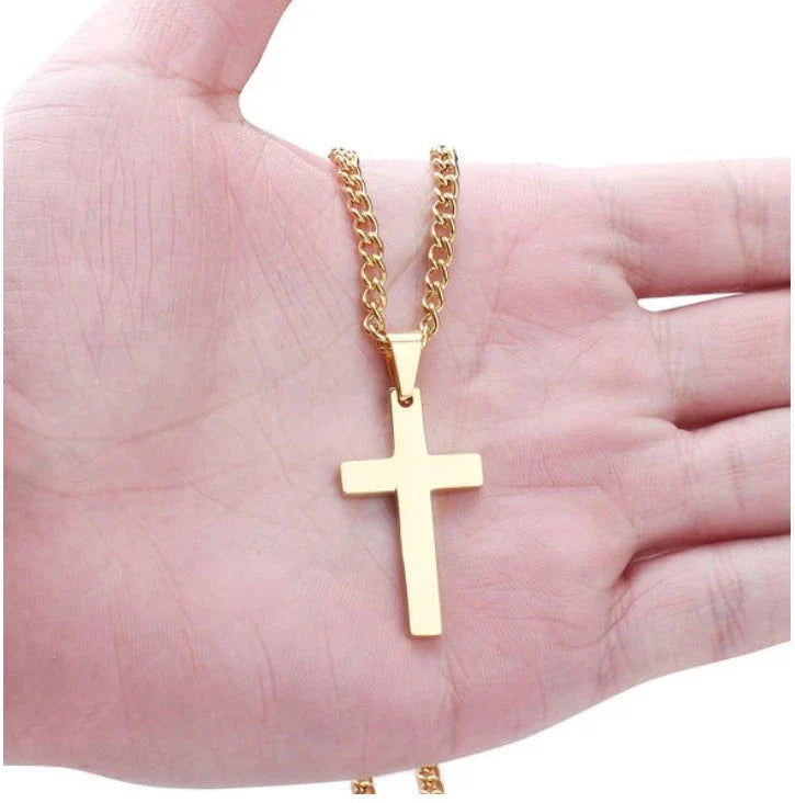 Stainless steel cross pendant necklace in black, silver, and gold colours, showcasing a classic and elegant design