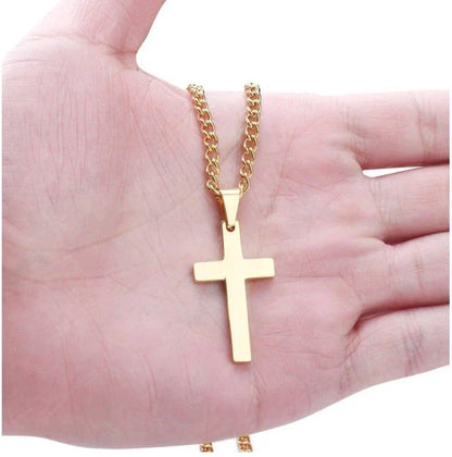 Stainless steel cross pendant necklace in black, silver, and gold colours, showcasing a classic and elegant design