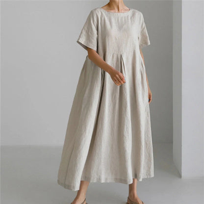 Relaxed Linen and Cotton Round Neck Dress in Navy Blue, Army Green, and Apricot Colours
