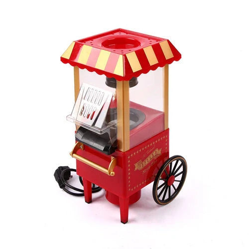 Retro-style popcorn maker with a classic car-inspired design, featuring a hot air popping mechanism for healthier, oil-free popcorn