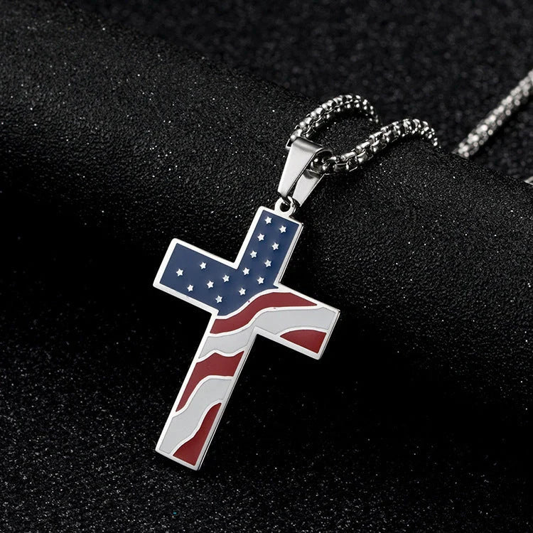 Stainless steel flag cross necklace for men, geometric design, polished finish.