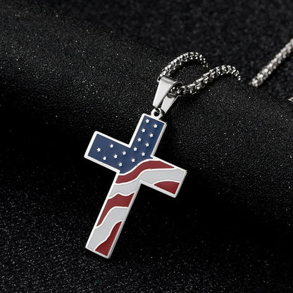 Stainless steel flag cross necklace for men, geometric design, polished finish.