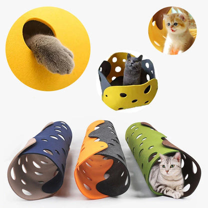 Cozy Felt Cat Tunnel with multiple peek-a-boo holes, available in various stylish color options for interactive play and relaxation.