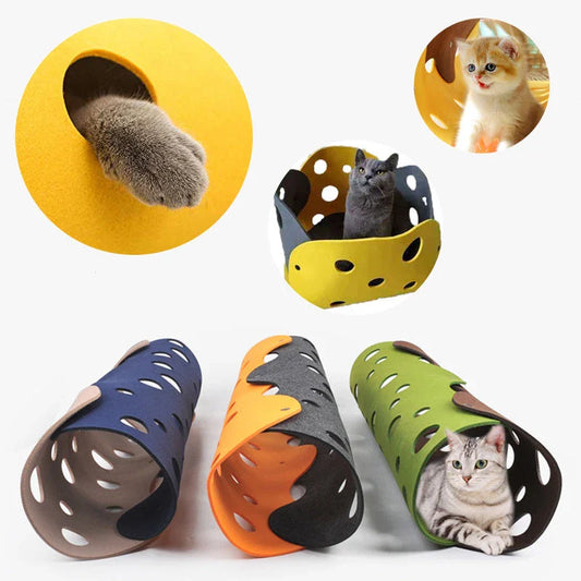 Cozy Felt Cat Tunnel with multiple peek-a-boo holes, available in various stylish color options for interactive play and relaxation.
