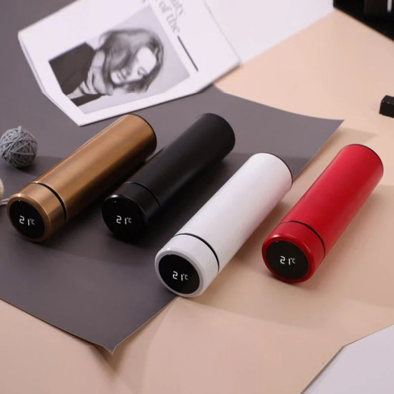 Premium stainless steel vacuum flask with LED touch display for temperature monitoring, available in various colors and sizes