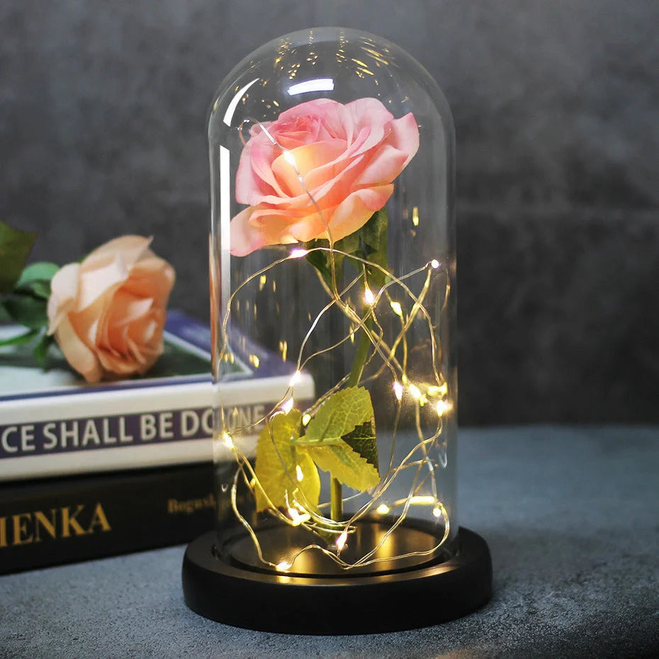 Enchanted Forever Rose in Glass LED Light decoration with realistic rose and wooden base