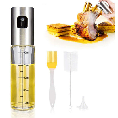 Stainless steel kitchen oil spray bottle with ergonomic button and glass body