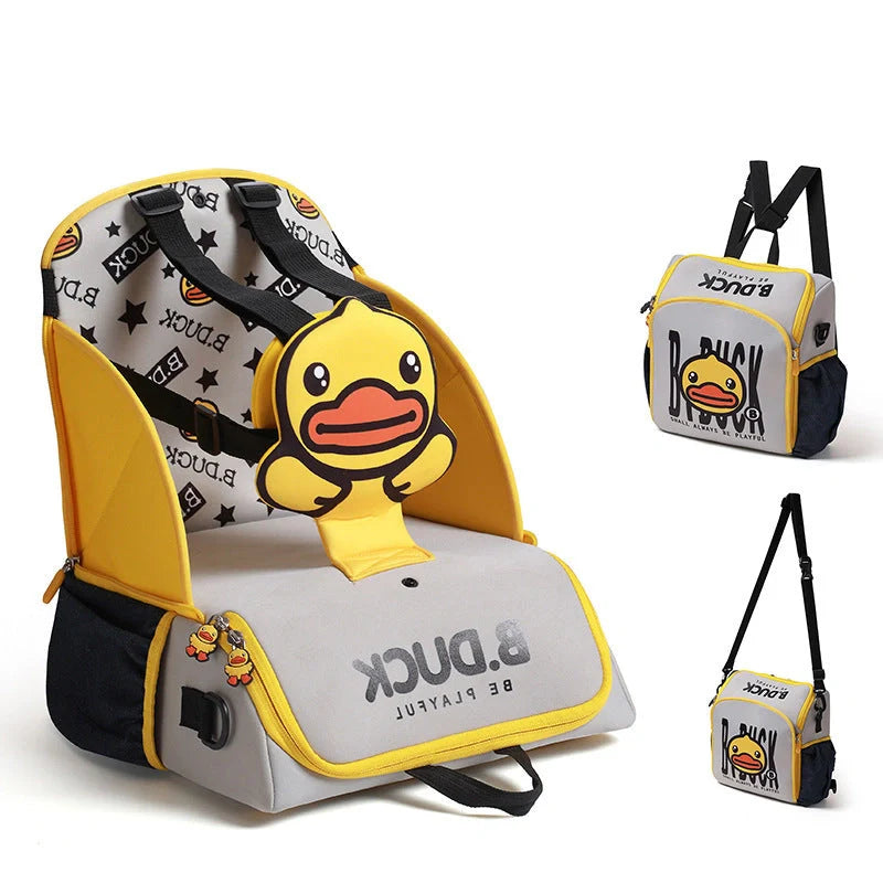 Multifunctional baby bag with portable child dining chair in yellow, perfect for parents travelling with babies