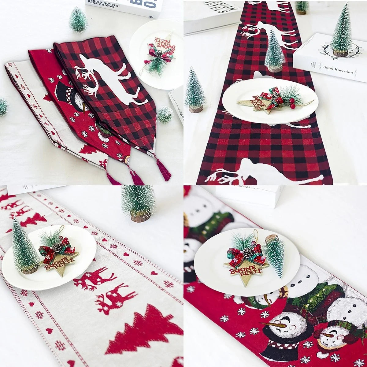 Christmas Elk Snowman Table Runner on a dining table, festive holiday decor