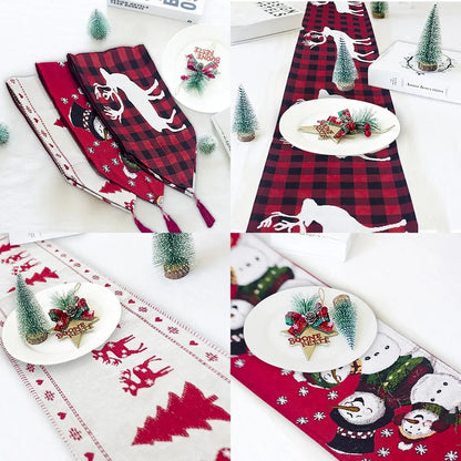 Christmas Elk Snowman Table Runner on a dining table, festive holiday decor