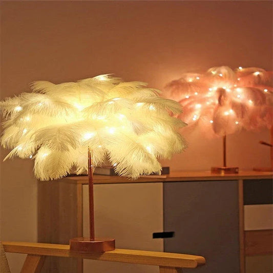 Elegant feather lamp with a vintage-inspired Scandinavian design, featuring adjustable lighting and versatile power options.