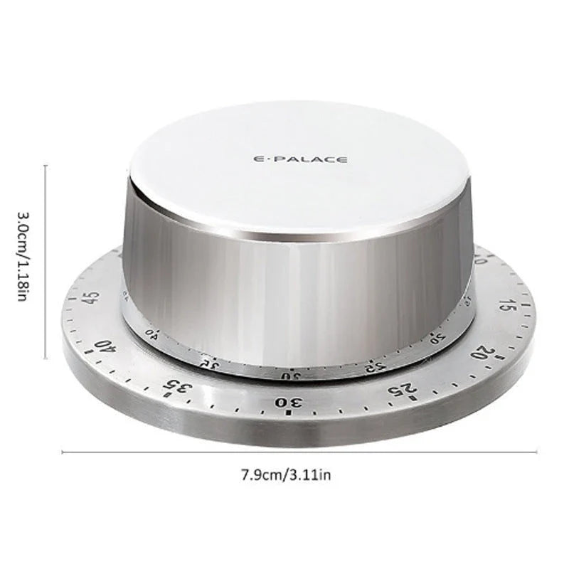 Robust stainless steel mechanical kitchen timer with strong magnetic back for easy placement on any metal surface
