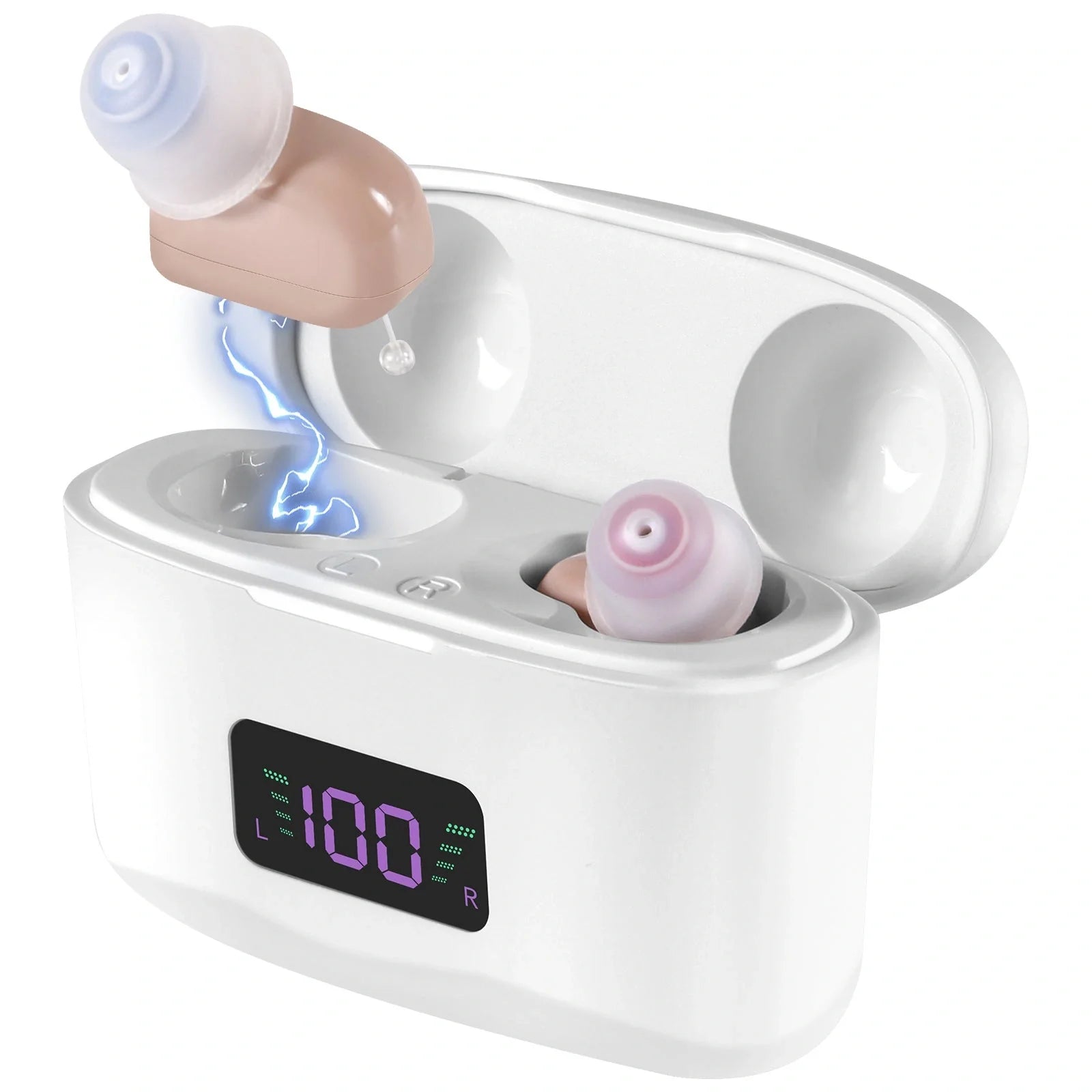Portable hearing aid charging case with sound amplifier in sleek skin color