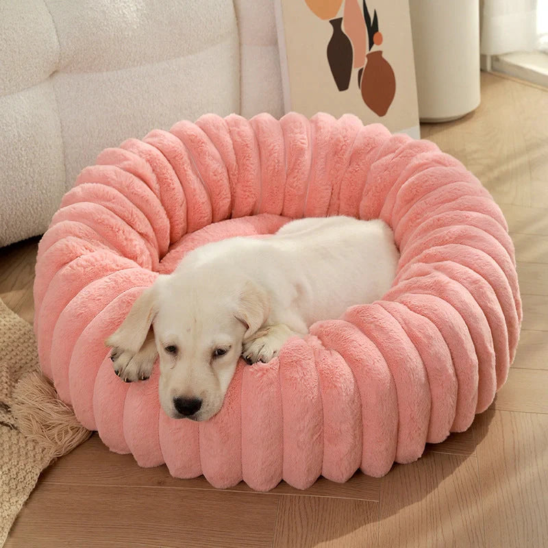 Plush round pet kennel for dogs, available in multiple colours and sizes for winter comfort