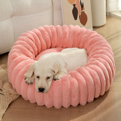 Plush round pet kennel for dogs, available in multiple colours and sizes for winter comfort