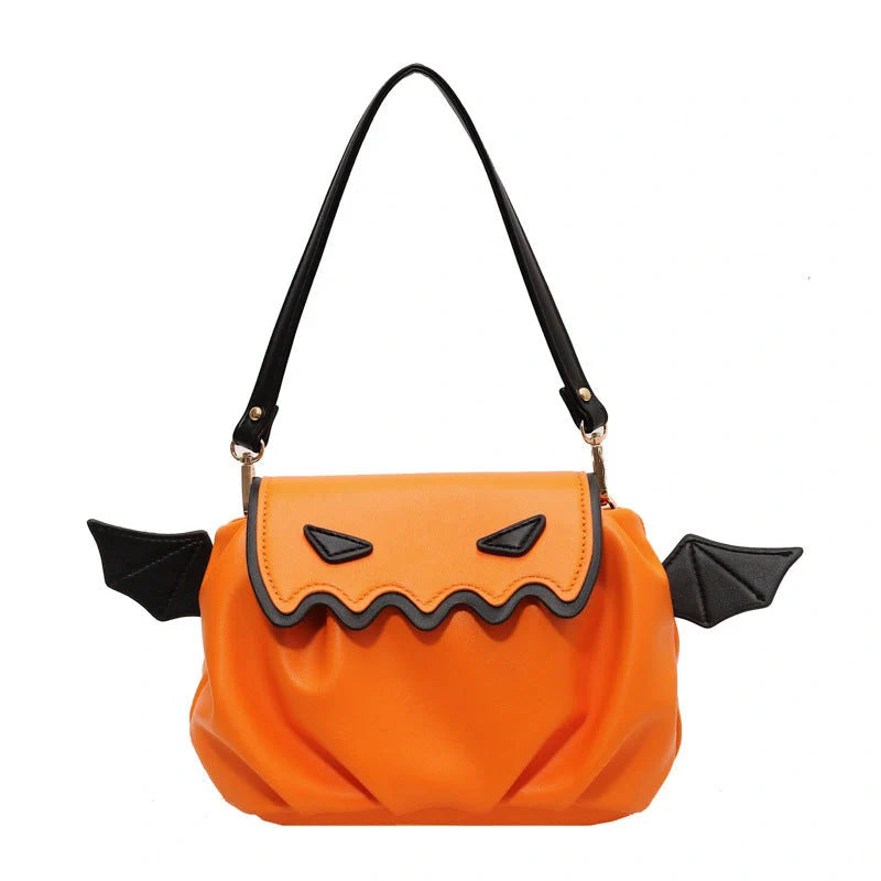 Halloween pumpkin cartoon crossbody bag with small wings in black, beige, or orange