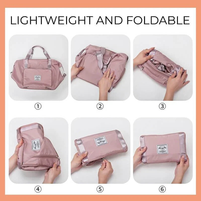 Expandable travel duffel bag with adjustable shoulder strap, multiple interior pockets, and water-resistant Oxford cloth material