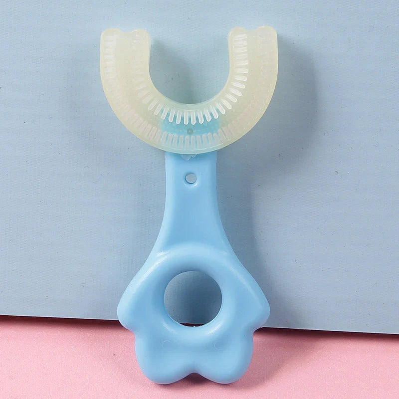 U-shaped baby toothbrush in yellow, pink, and blue, soft silicone for gentle oral care